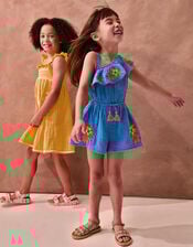 One Shoulder Floral Embroidered Playsuit, Blue (BLUE), large