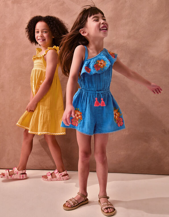 One Shoulder Floral Embroidered Romper, Blue (BLUE), large