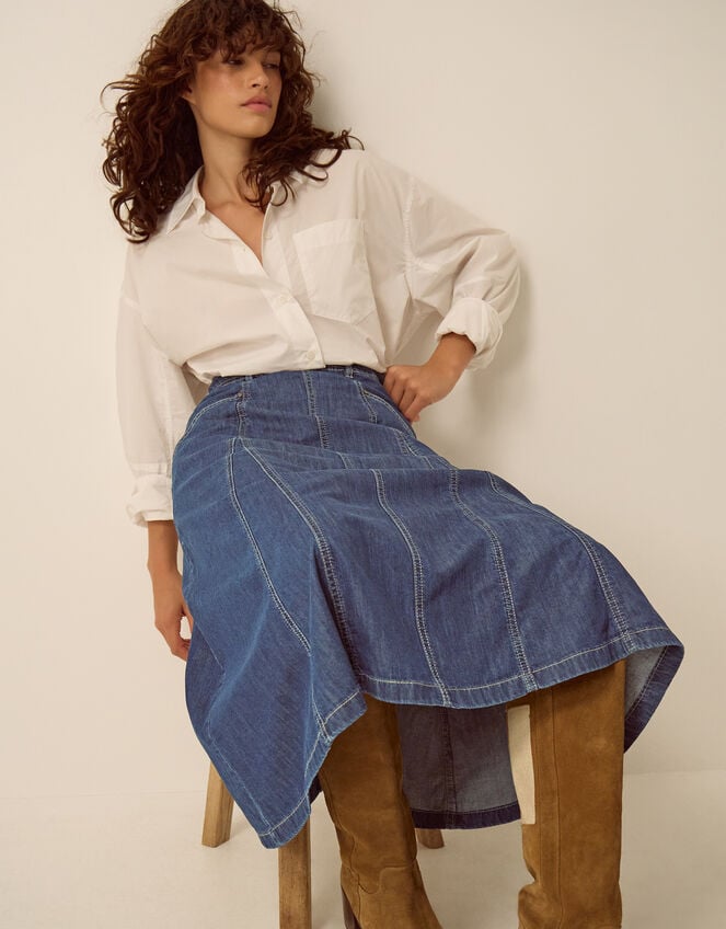 Harper Godet Denim Midi Skirt , Blue (INDIGO), large