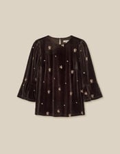 Emilee Flute Sleeve Embroidered Velvet Top, Brown (CHOCOLATE), large