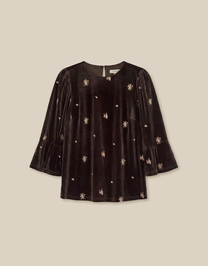 Emilee Flute Sleeve Embroidered Velvet Top, Brown (CHOCOLATE), large