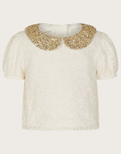 Sequin Collar Lace Top, Ivory (IVORY), large