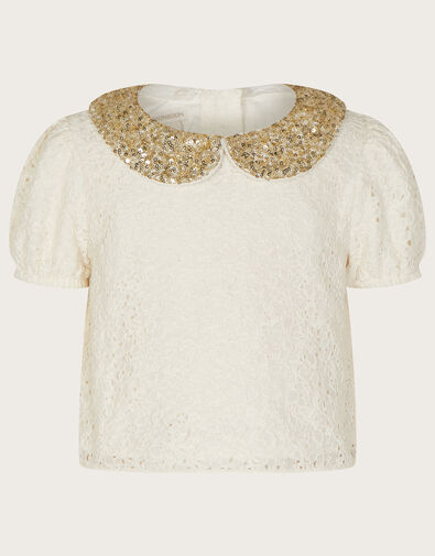 Sequin Collar Lace Top Ivory, Ivory (IVORY), large