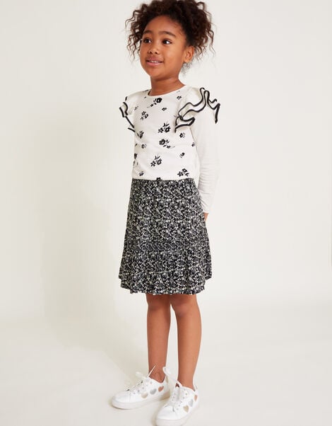 Floral Print Tiered Skirt , Black (BLACK), large