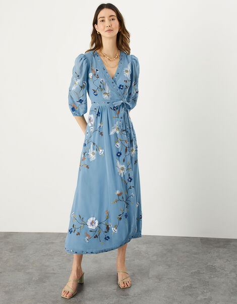 Willa Embroidered Wrap Dress in Recycled Polyester, Blue (BLUE), large