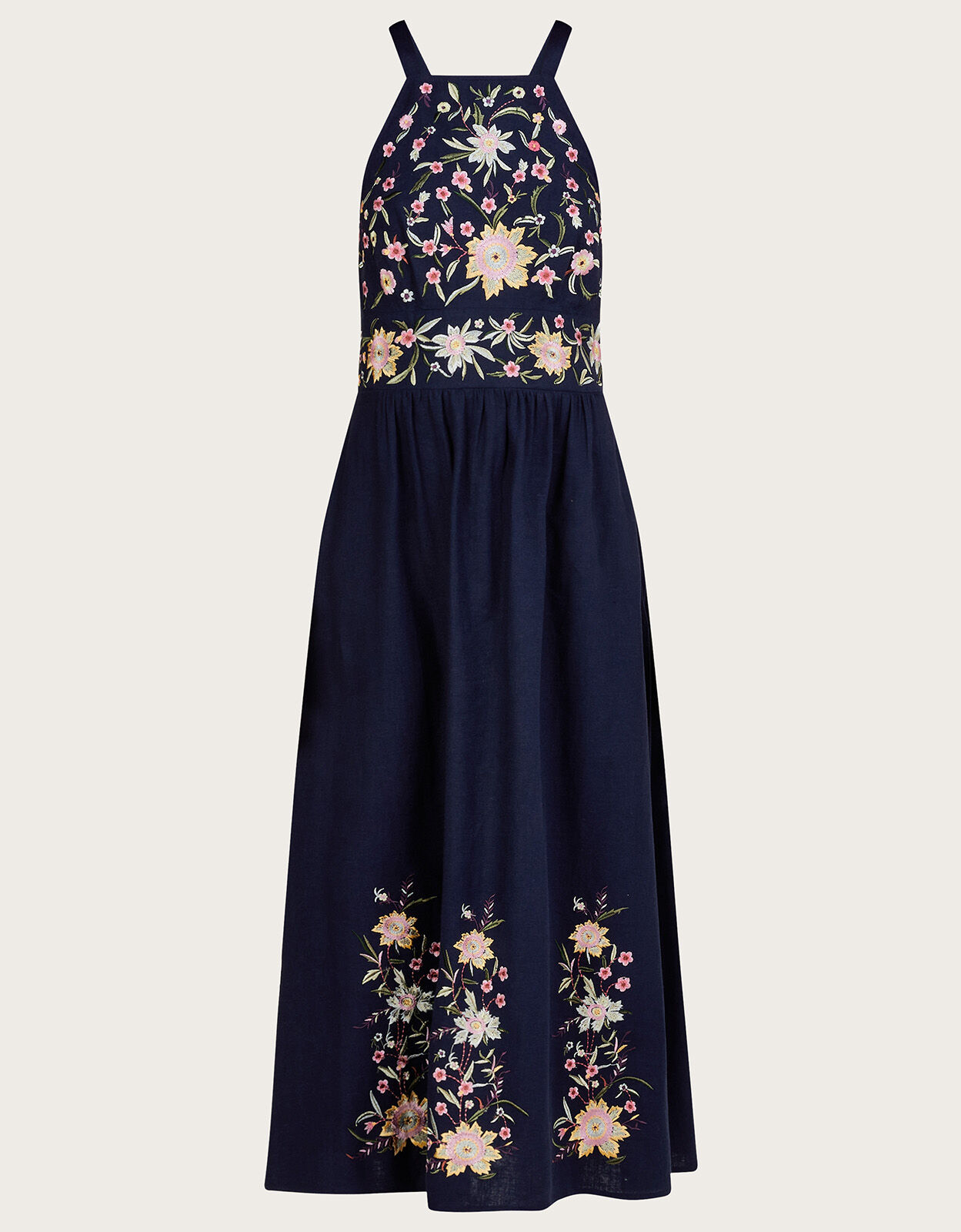 Leah Embroidered Midi Dress in Linen Blend Blue Day Dresses