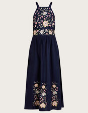 Leah Embroidered Midi Dress in Linen Blend , Blue (NAVY), large