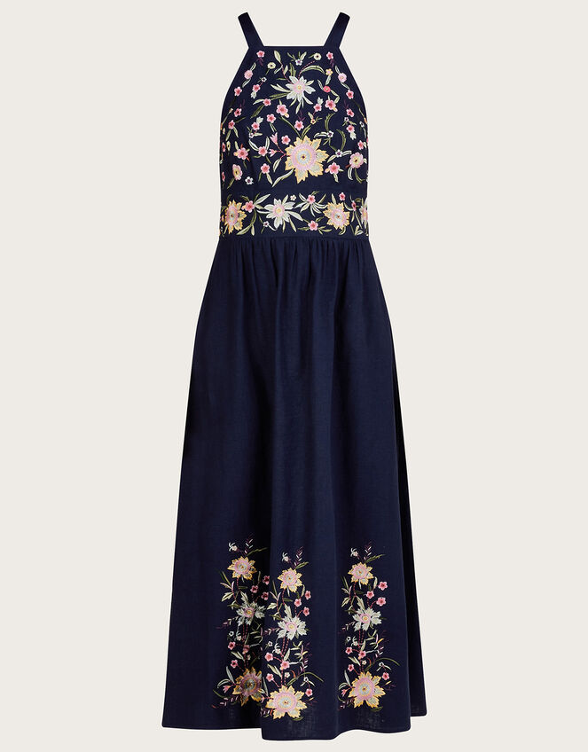 Leah Embroidered Midi Dress in Linen Blend , Blue (NAVY), large