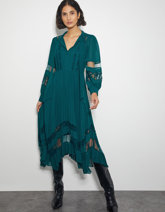 Florence Lace Insert Pleated Midi Dress, Green (GREEN), large