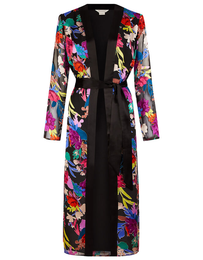 Burnout Floral Print Satin Kimono, Black (BLACK), large