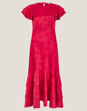 Ester Satin Ruffle Midi Dress, Red (RED), large