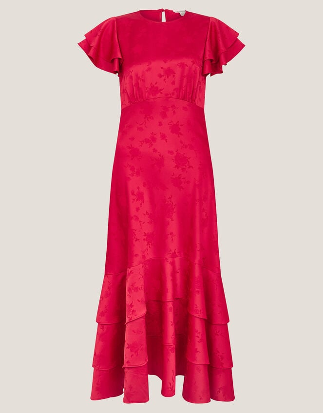 Ester Satin Ruffle Midi Dress, Red (RED), large