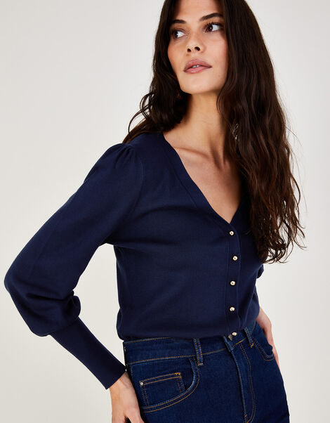 Crop Deep Rib Cuff Cardigan, Blue (NAVY), large