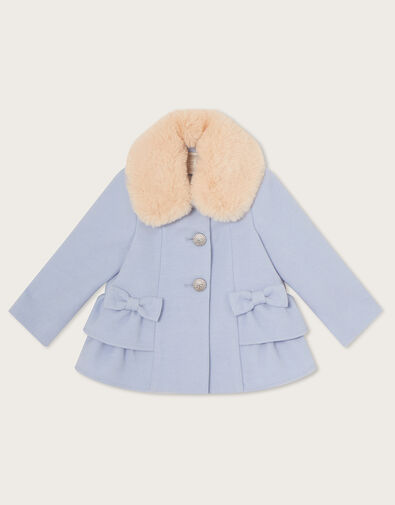 Baby Bow Skirted Hem Coat with Removable Fur Collar Blue, Blue (PALE BLUE), large