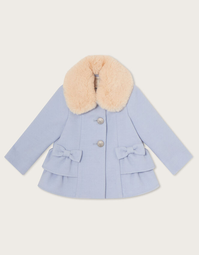Baby Bow Skirted Hem Coat with Faux Fur Collar, Blue (PALE BLUE), large
