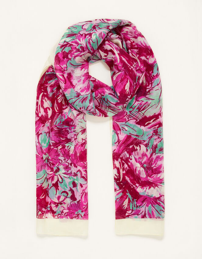 Large Floral Print Silk Scarf, , large