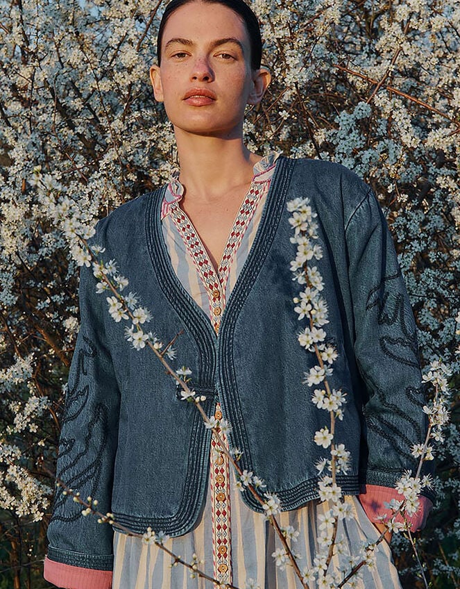 East Juna Denim Botanical Embroidered Jacket, Blue (BLUE), large