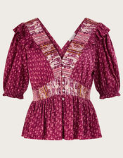 Deep V-Neck Frill Long Sleeve Jersey Top, Pink (PINK), large