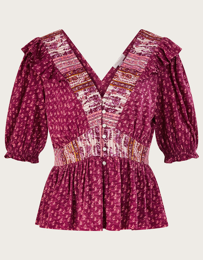 Deep V-Neck Frill Long Sleeve Jersey Top, Pink (PINK), large