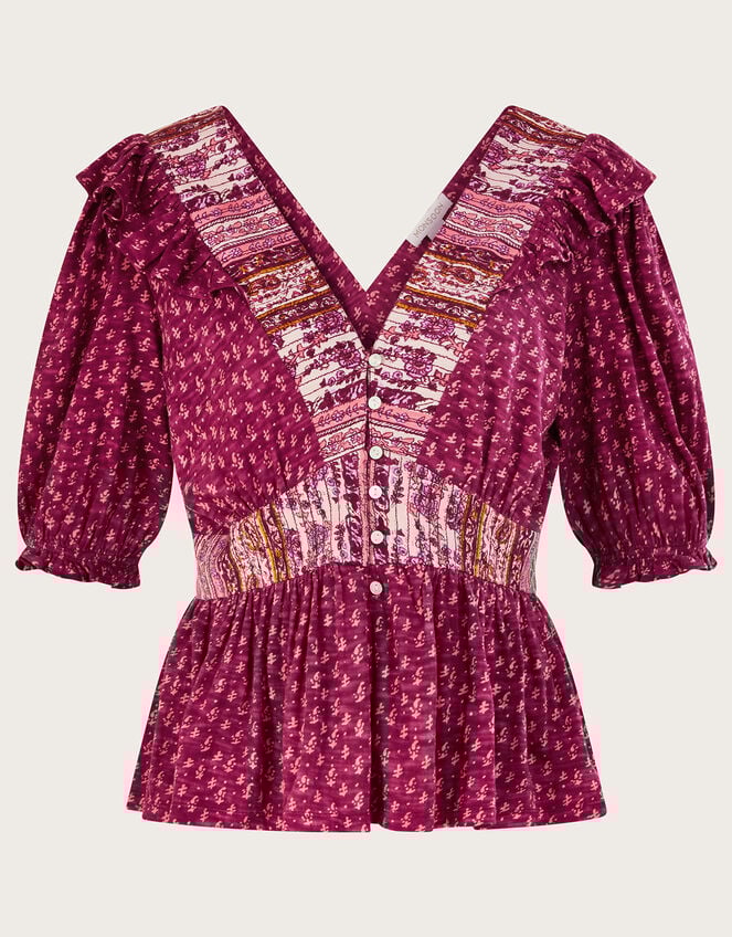 Deep V-Neck Frill Long Sleeve Jersey Top, Pink (PINK), large