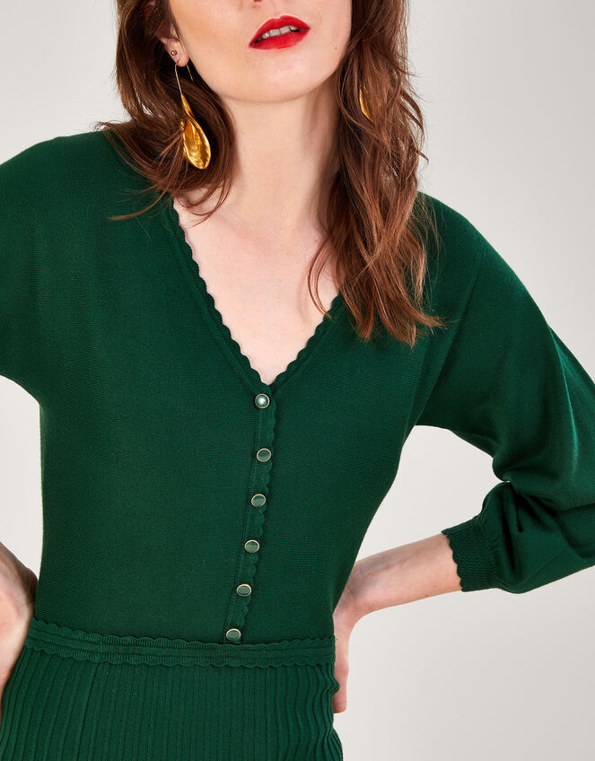 V-Neck Knit Midi Dress, Green (DARK GREEN), large