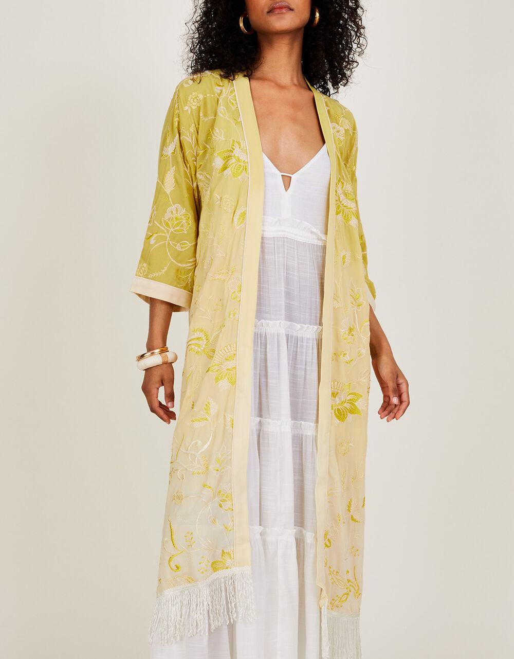 Frankie Fringe Embroidered Kimono Yellow Women's Jackets Monsoon
