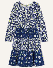 Floral Mix Tiered Jersey Dress, Blue (NAVY), large