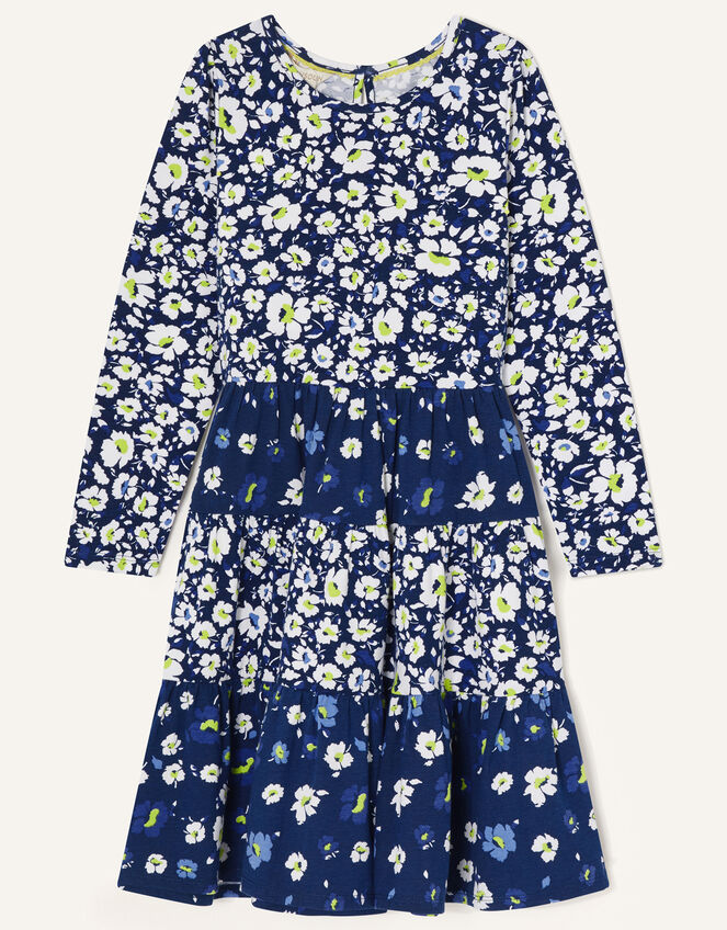 Floral Mix Tiered Jersey Dress, Blue (NAVY), large