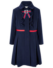 Navy Pleated Coat with Diamante Bow, Blue (NAVY), large