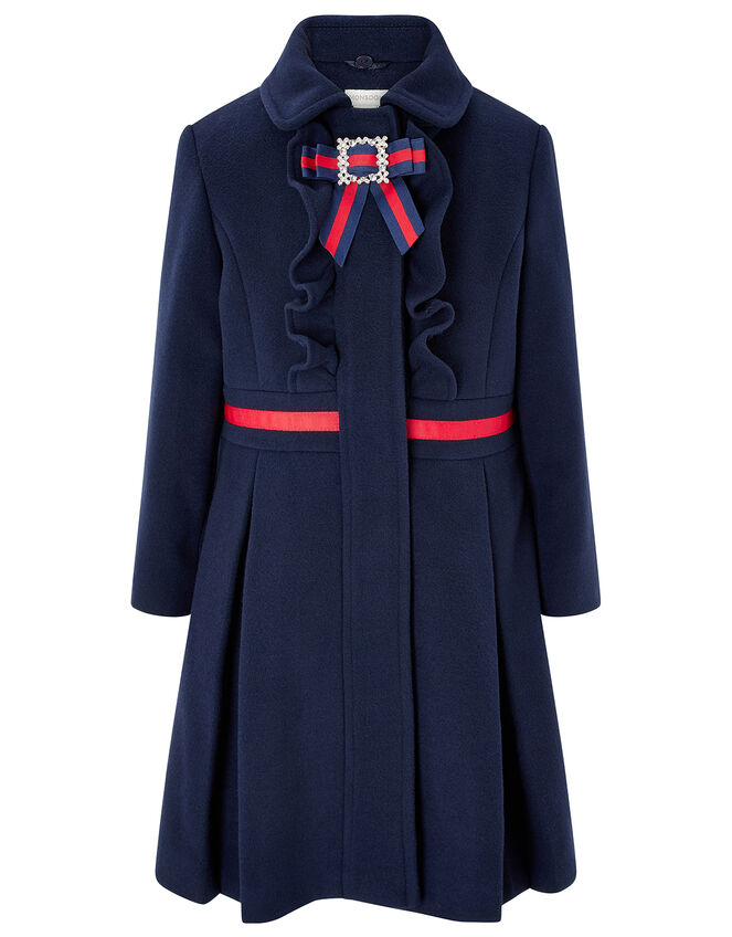 Navy Pleated Coat with Diamante Bow, Blue (NAVY), large