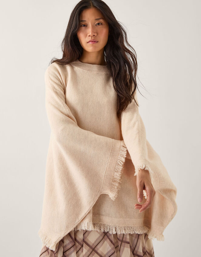 Fay Fringe Trim Poncho , Natural (NATURAL), large
