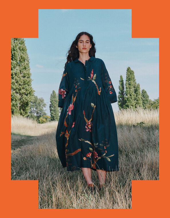 East Aphira Floral Pleated Shirt Dress, Teal (TEAL), large