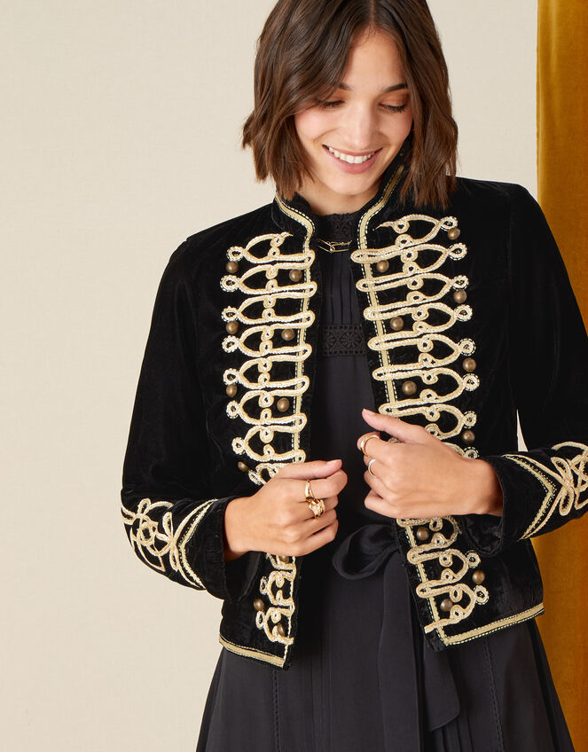 Embroidered Velvet Military Jacket, Black (BLACK), large