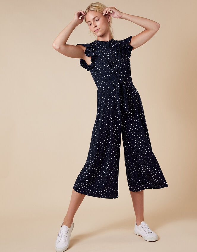 Spot Print Stretch Jumpsuit, Blue (NAVY), large