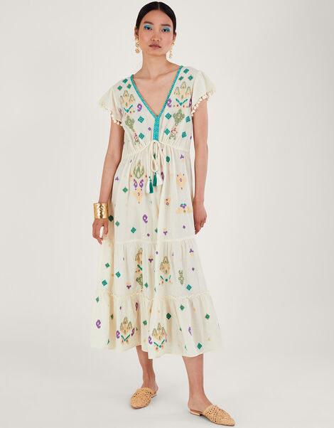 Flutter Sleeve Embroidered Maxi Dress, White (WHITE), large