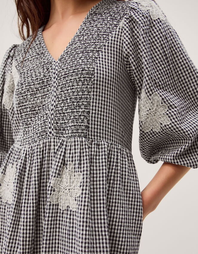 Mimi Puff Sleeve Gingham Midi Dress, Black (BLACK), large