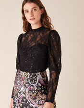 Layla Sequin Stretch Lace Top, Black (BLACK), large