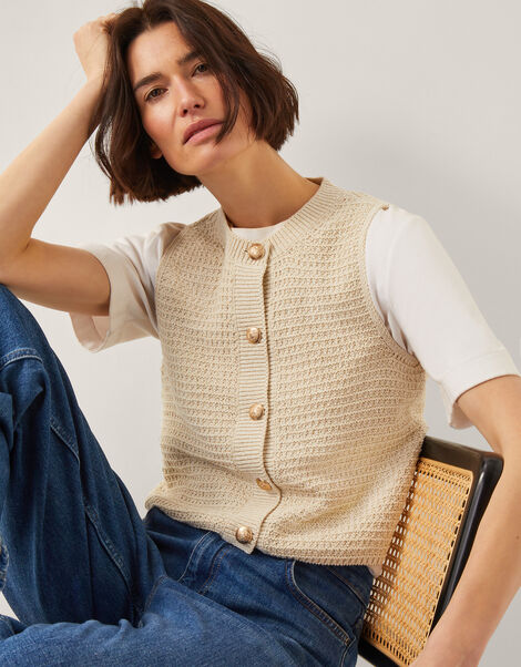 Niki Button Knit Tank Top, Camel (OATMEAL), large