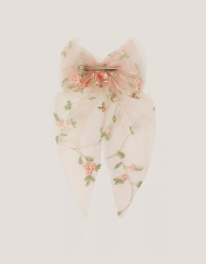 Floral Embroidered Mesh Bow Hair Clip, , large