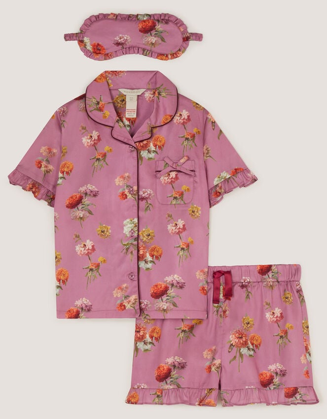 Floral Satin Short Pyjamas & Eye Mask Set, Purple (LILAC), large