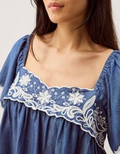 Isla Short Sleeve Embroidered Denim Top, Blue (DENIM BLUE), large