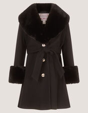 Faux Fur Collar Belted Coat, Black (BLACK), large