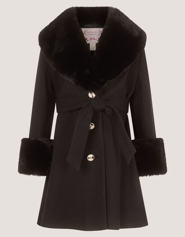 Faux Fur Collar Belted Coat, Black (BLACK), large