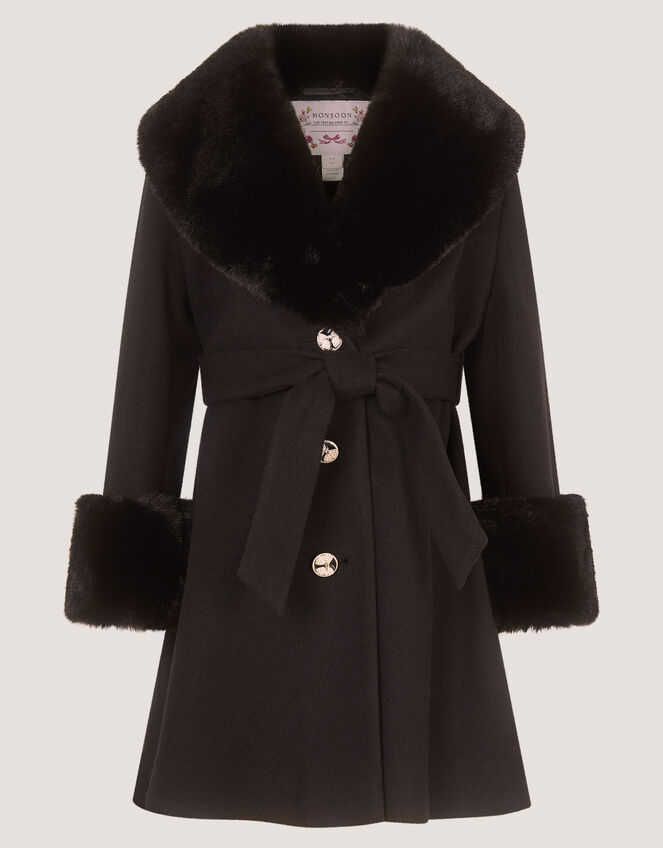 Faux Fur Collar Belted Coat, Black (BLACK), large