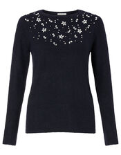 Floral Crystal Yoke Knit Jumper, Blue (NAVY), large