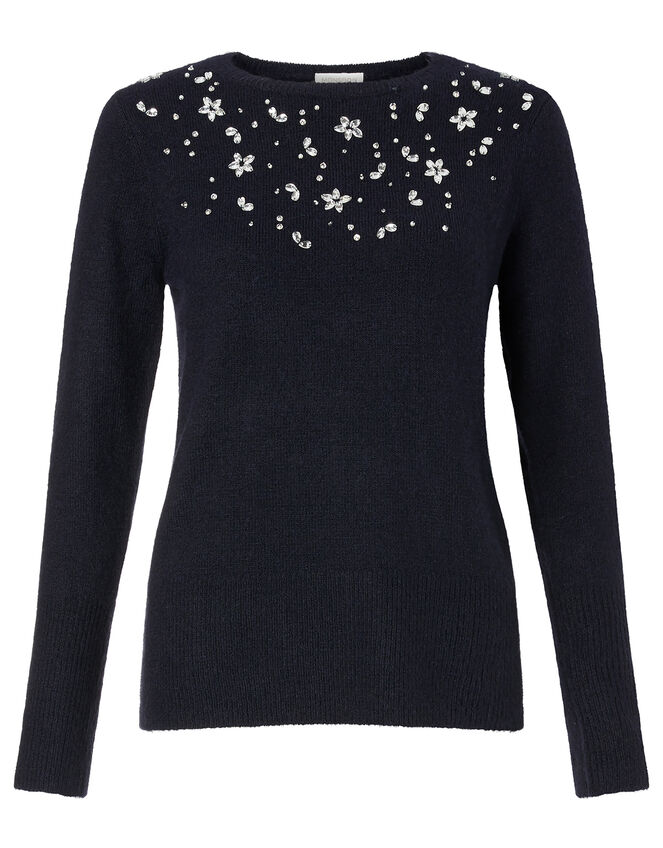 Floral Crystal Yoke Knit Jumper, Blue (NAVY), large