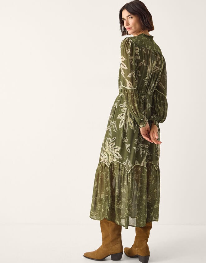 Leona Print Long Sleeve Midi Dress, Green (KHAKI), large