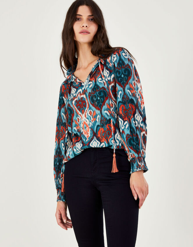 Ikat Print Metallic Base Top with LENZING™ ECOVERO™, Teal (TEAL), large