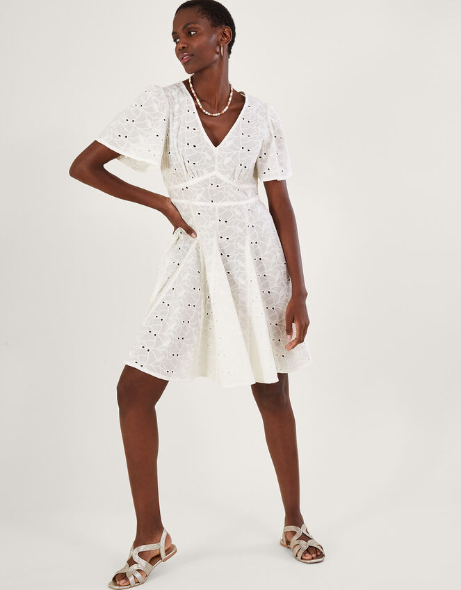 Schiffli V-Neck Pleated Short Dress, White (WHITE), large