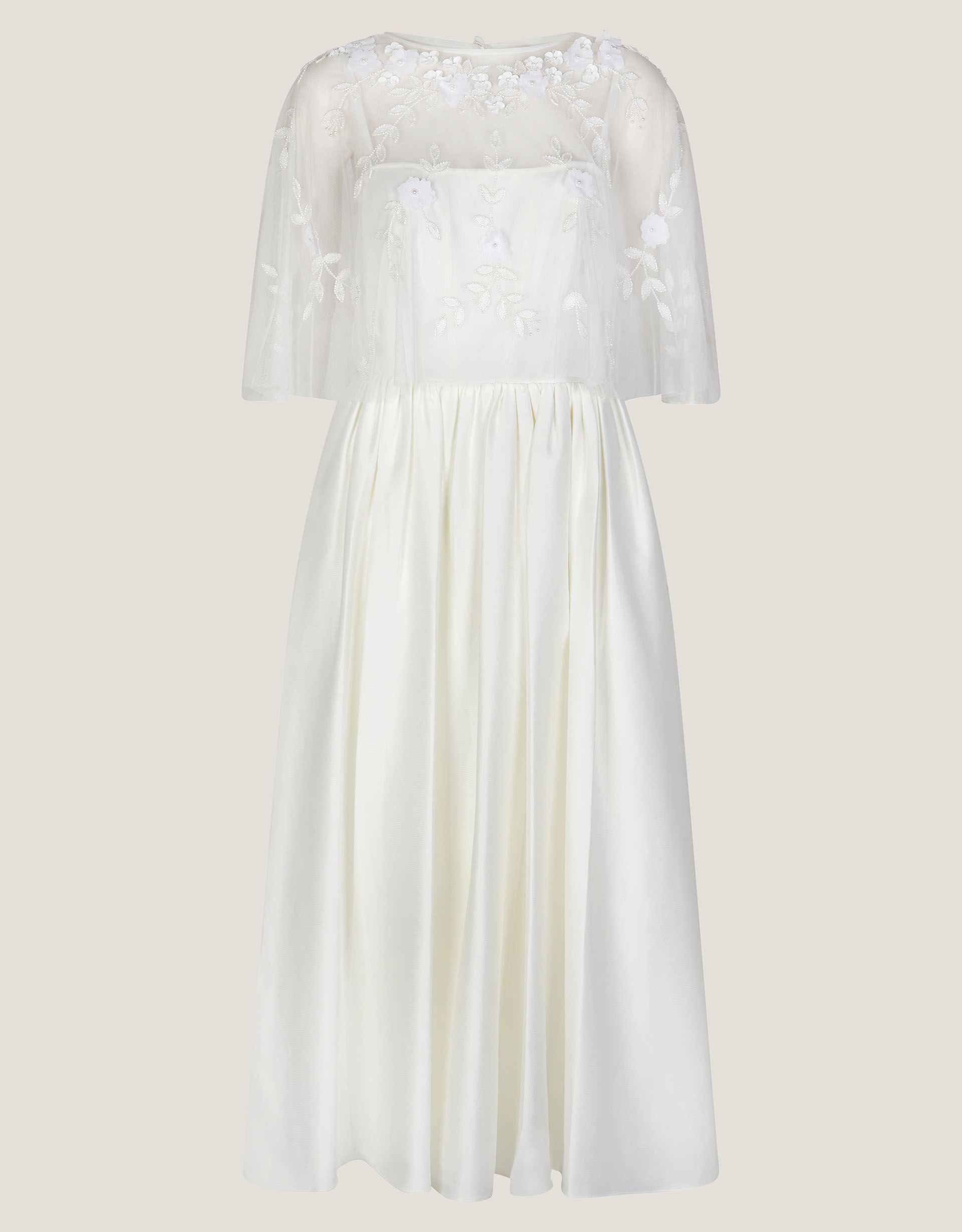 Celeste Satin Wedding Dress with Floral Embellished Cape, Ivory (IVORY), large